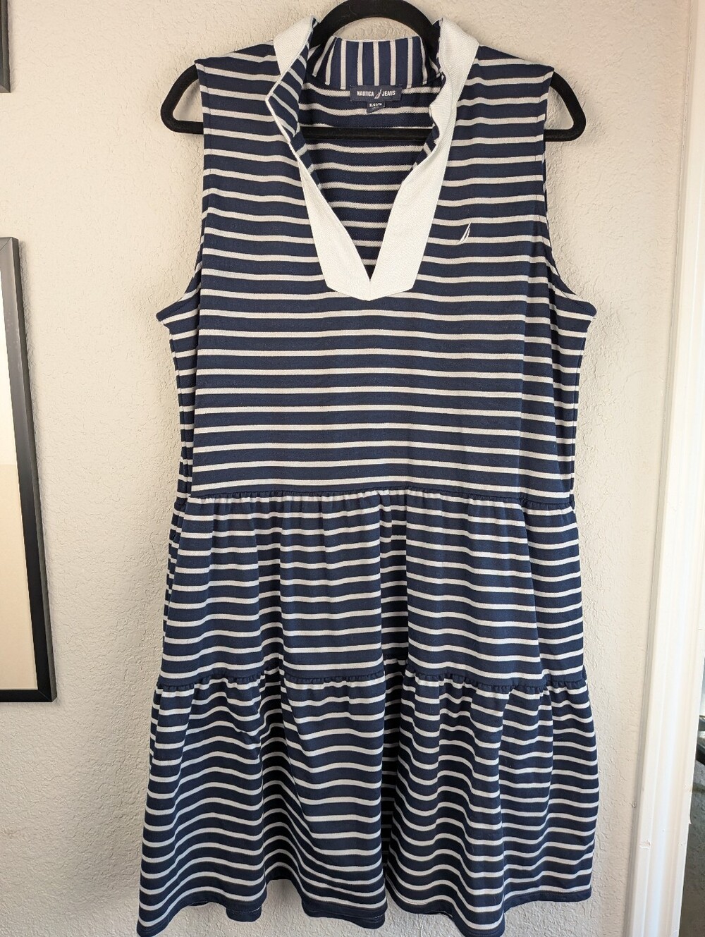 Nautica Stretch Knit Dress XL Navy White Striped Sleeveless Collared Coastal